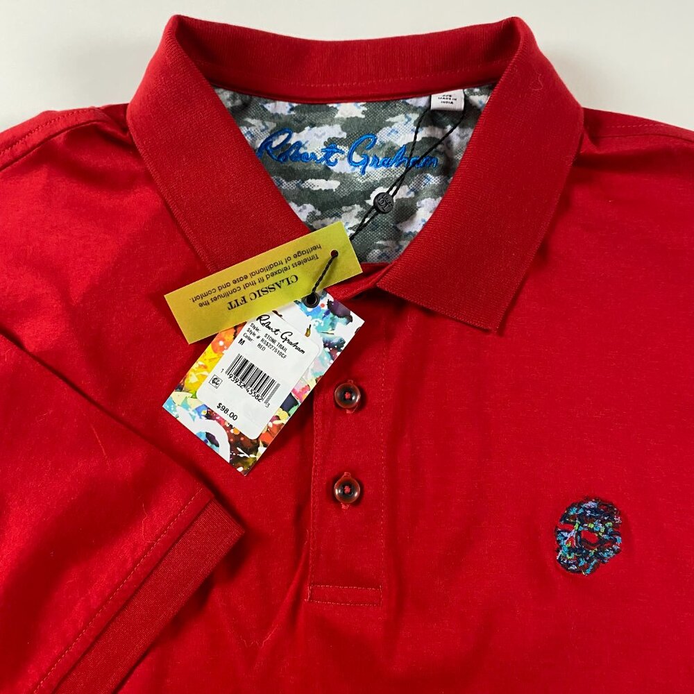 NWT Robert Graham Stone Trail Polo Shirt Men's Medium Red Skull Print